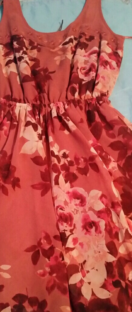 Pink and tan floral print sleeveless dress